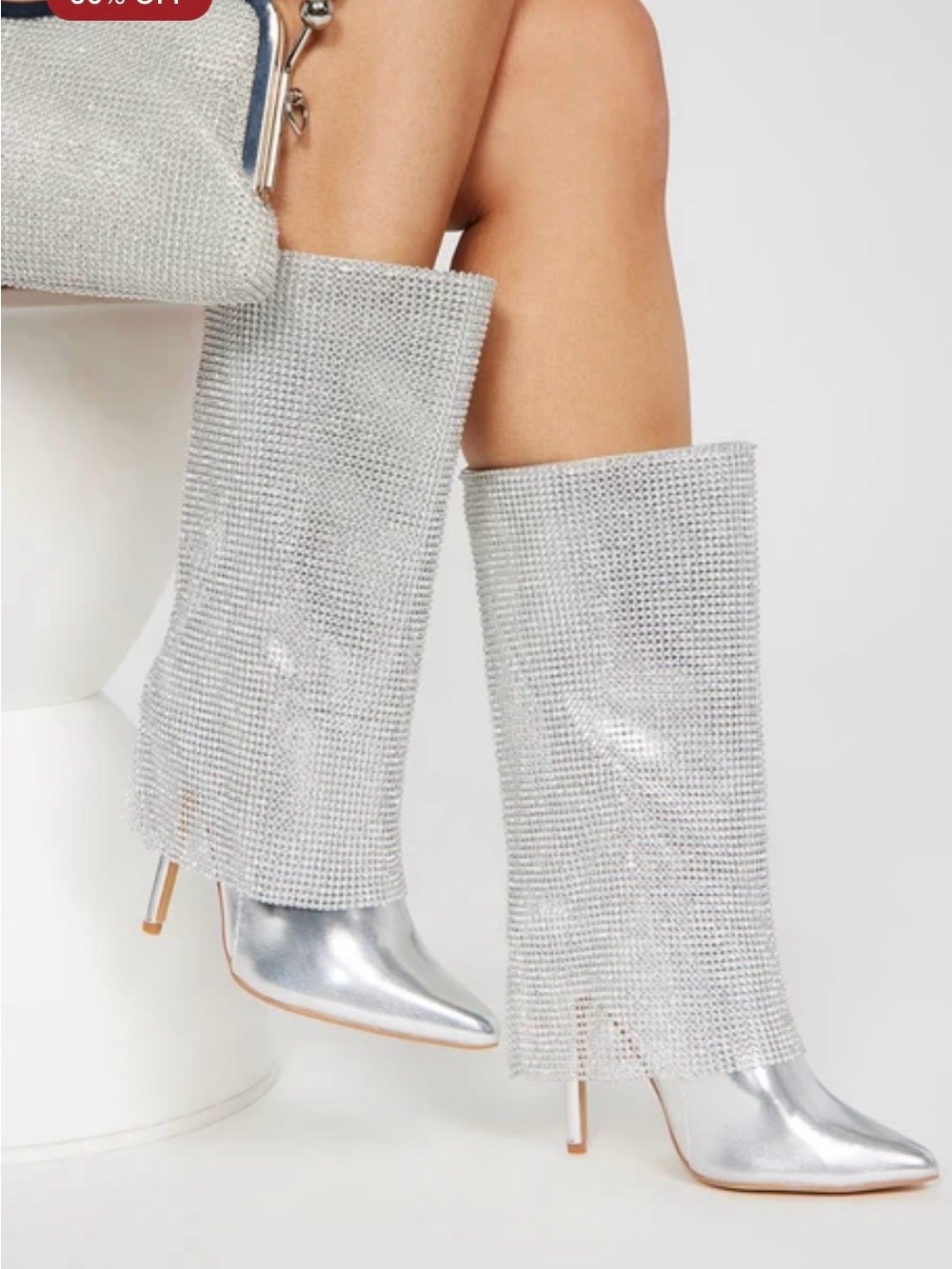 Silver Crystal Mesh Pointed-Toe Stiletto Boots - Women